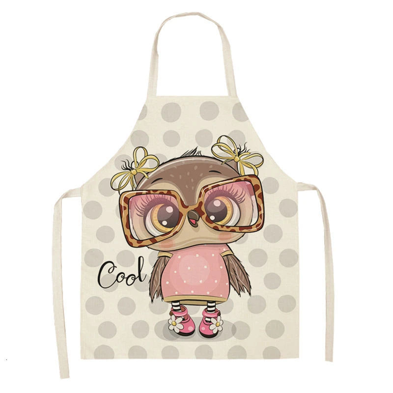 Owl Sleeveless Chef Apron Linen Floral Print Kitchen Decoration Apron Women'S Home Cooking Baked Waist Bib