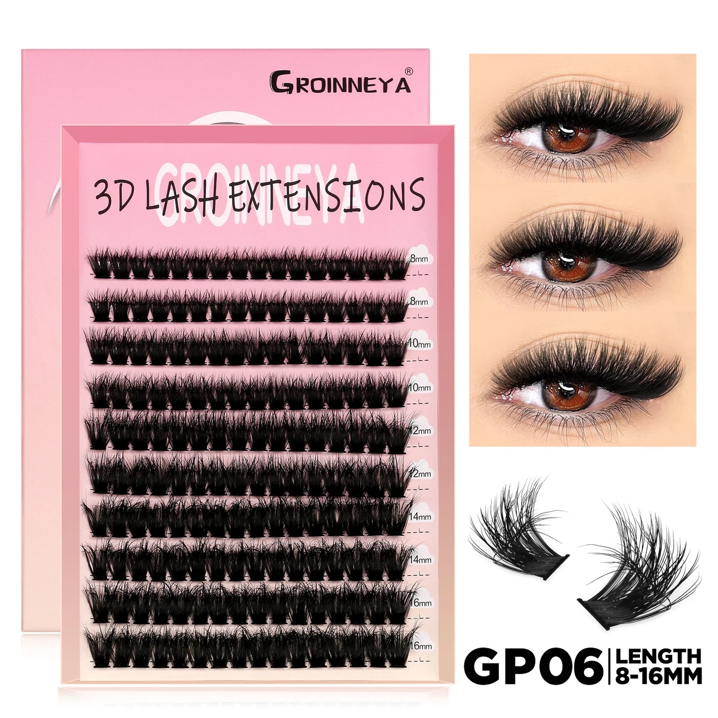 GROINNEYA Lashes Cluster DIY Lash Extension Mixed Tray Clusters Eyelashes Fluffy Volume Individual Lashes Cat Eye Lash Extension