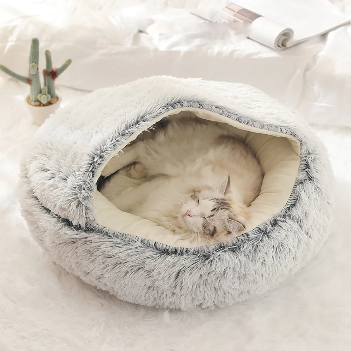 Cat Bed Round Plush Fluffy Hooded Cat Bed Cave,  S/M/L Cozy for Indoor Cats or Small Dog beds, Doughnut Calm Anti-nxiety Dog Bed