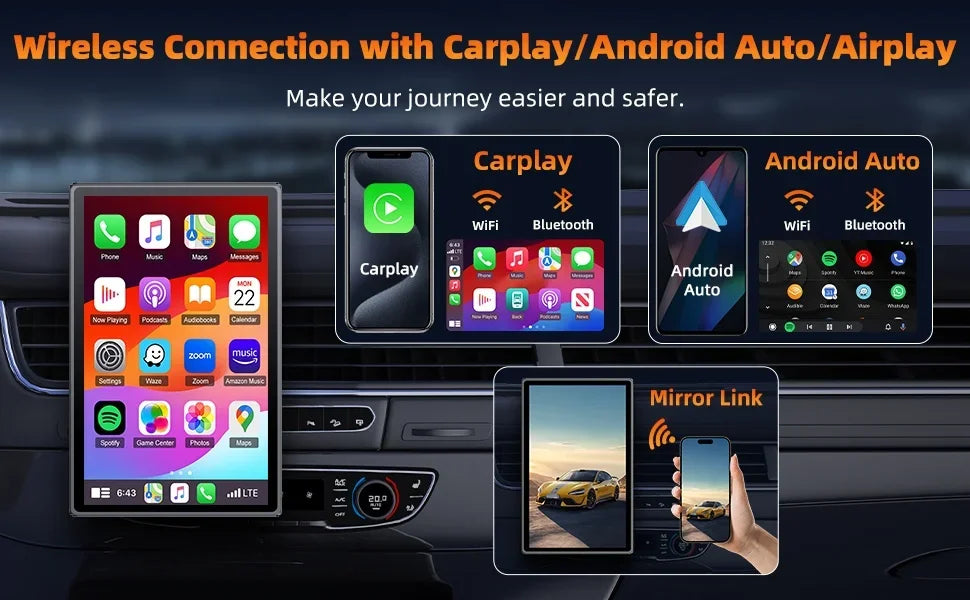 7 inch Portable Multimedia Player Carplay AI Screen IPS Touch Screen GPS Navigation Bluetooth Support Horizontal/Vertical Screen