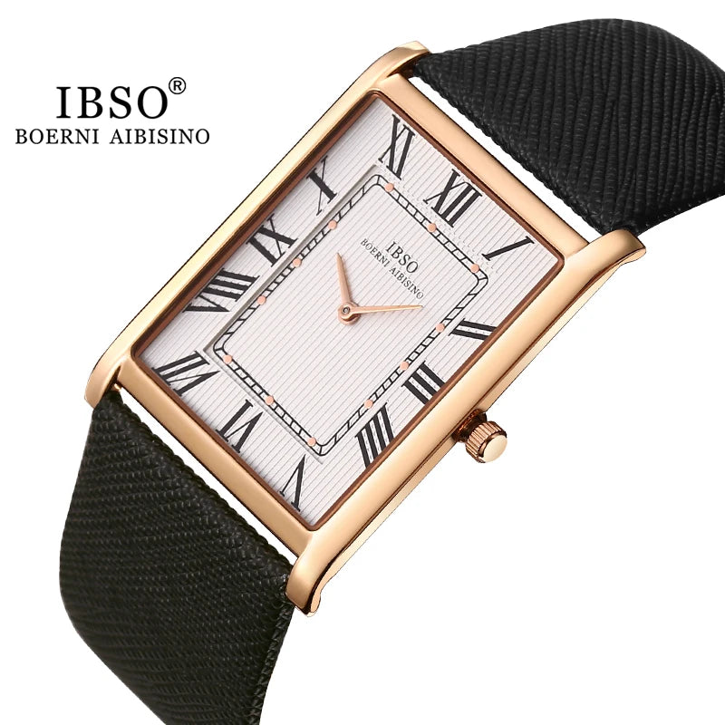 IBSO Ultra-Thin Rectangle Dial Men's Quartz Watch Luxury Business Style Genuine Leather Strap Waterproof New Men WristWatches