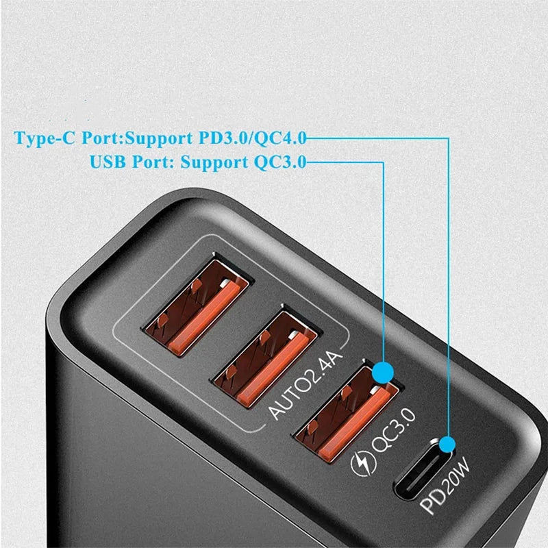 Type C USB Quick Charger 4 Ports 3.0 PD Cell Mobile Phone Power FAST Adapter For iPhone Samsung Xiaomi Black/White