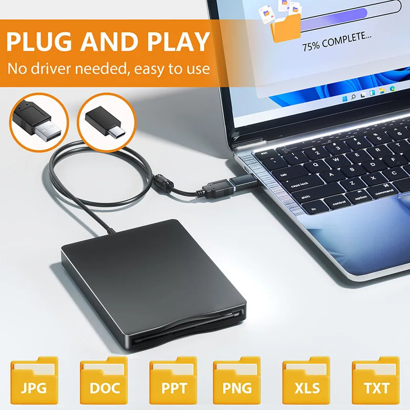 Portable 3.5" Floppy Disk Reader Drive USB Type-C External 1.44 MB FDD Diskette Drive for Windows 10/7/8/XP/Vista Mac PC Laptop