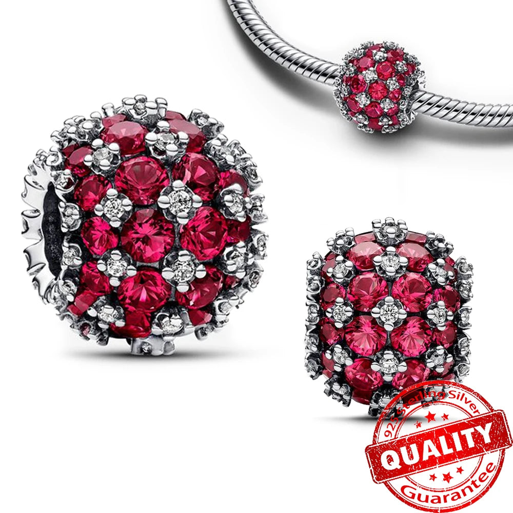 Sparkling 925 Sterling Silver Pavé Round Pink Charm Fit Original Bracelet Blue Charm Beads Women Necklace Fine Jewelry Gift