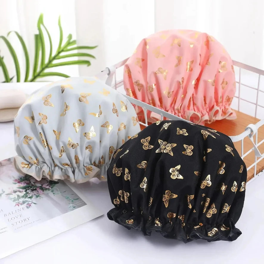 Shower cap waterproof hair cap hot gold printed polyester cotton shower cap bath lady For Women Salon Shower Supplies Wholesale