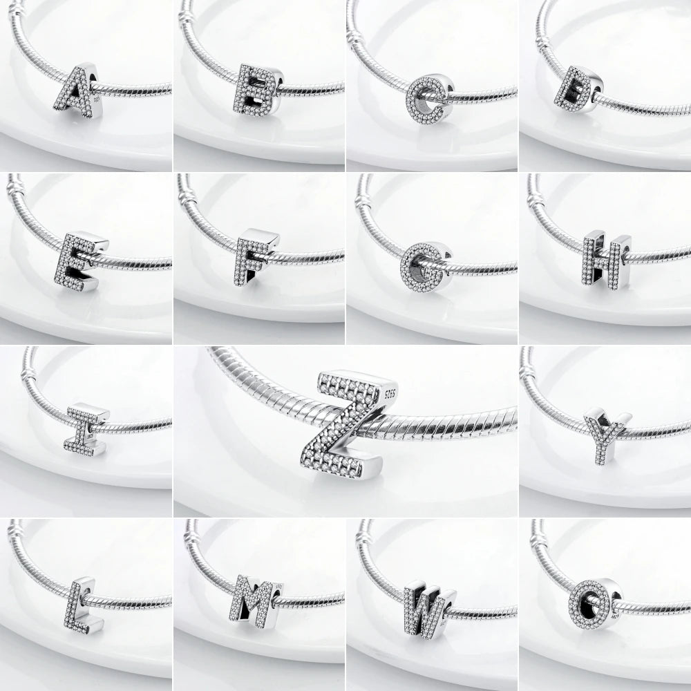 Real 925 Sterling Silver Charms Bracelets Classic 26 Letters Alphabet Charms Beads For Women Fine DIY Wedding Jewelry Gift