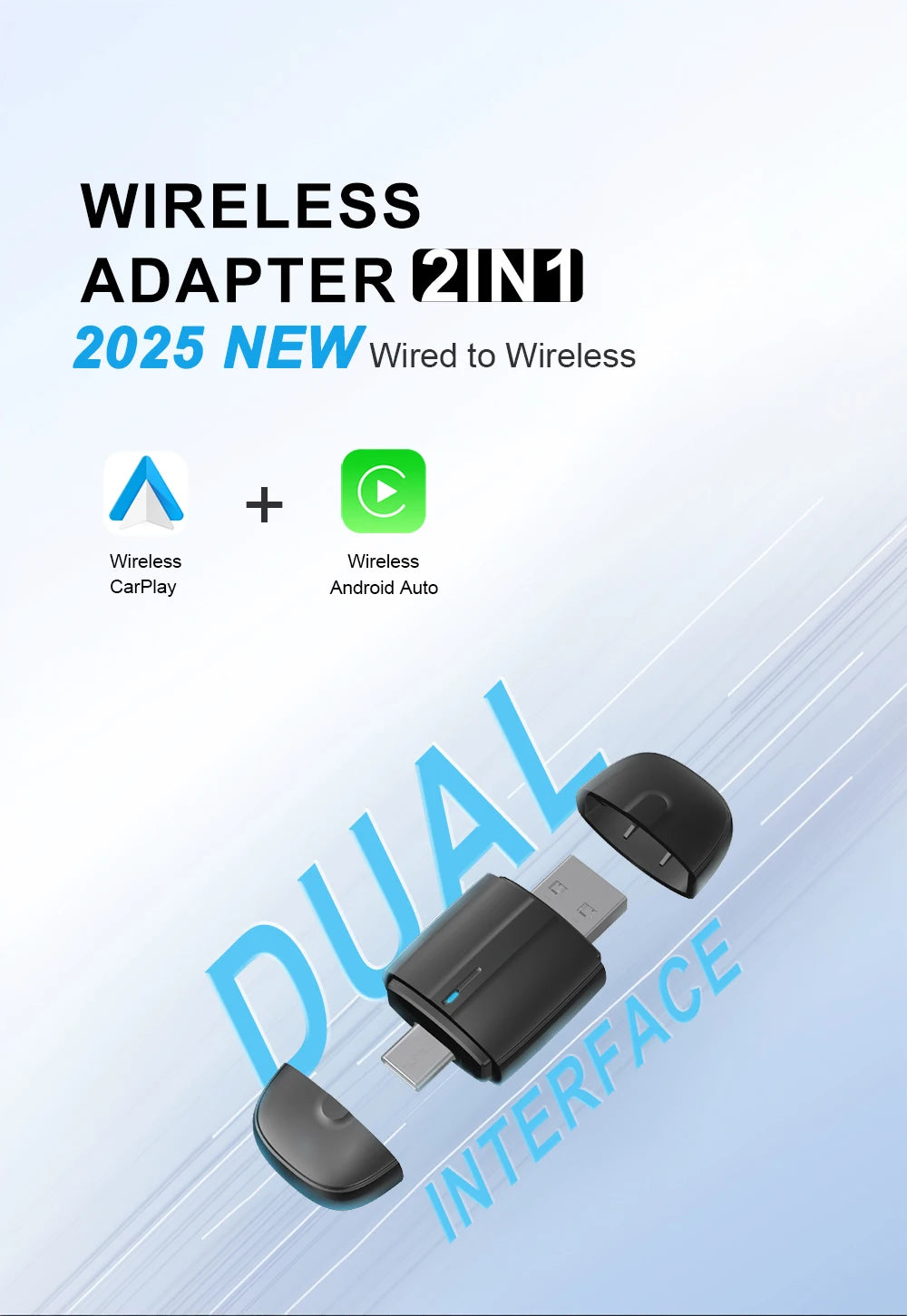 Acodo 2025 New Mini Dual interface Wireless Adapter Carplay/Android auto 2in1 function USB/Type-C convenience wired to wireless
