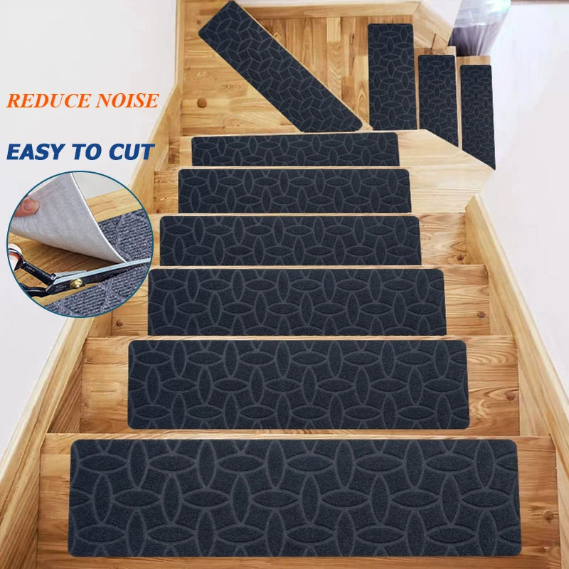 6/12pcs 20x76cm Soft Stair Stepping Mat Pattern Self-adhesive Non-slip Water Absorption Stair Carpet Mat Mute Protector Rug