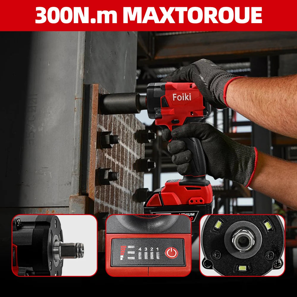 Foiki 18V Cordless Brushless Electric Wrench 300N.m Disassembly Wrench Nut Car Maintenance Electric Tools Fit Milwaukee Battery