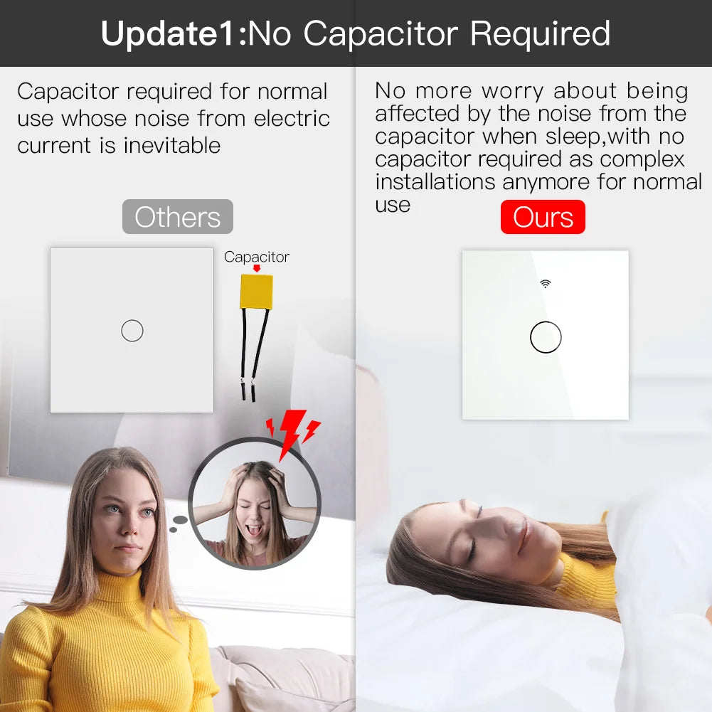 ZigBee Wall Touch Smart Light Switch With Neutral/No Neutral ,No Capacitor Smart Life/Tuya Works with Alexa,Google Hub Required