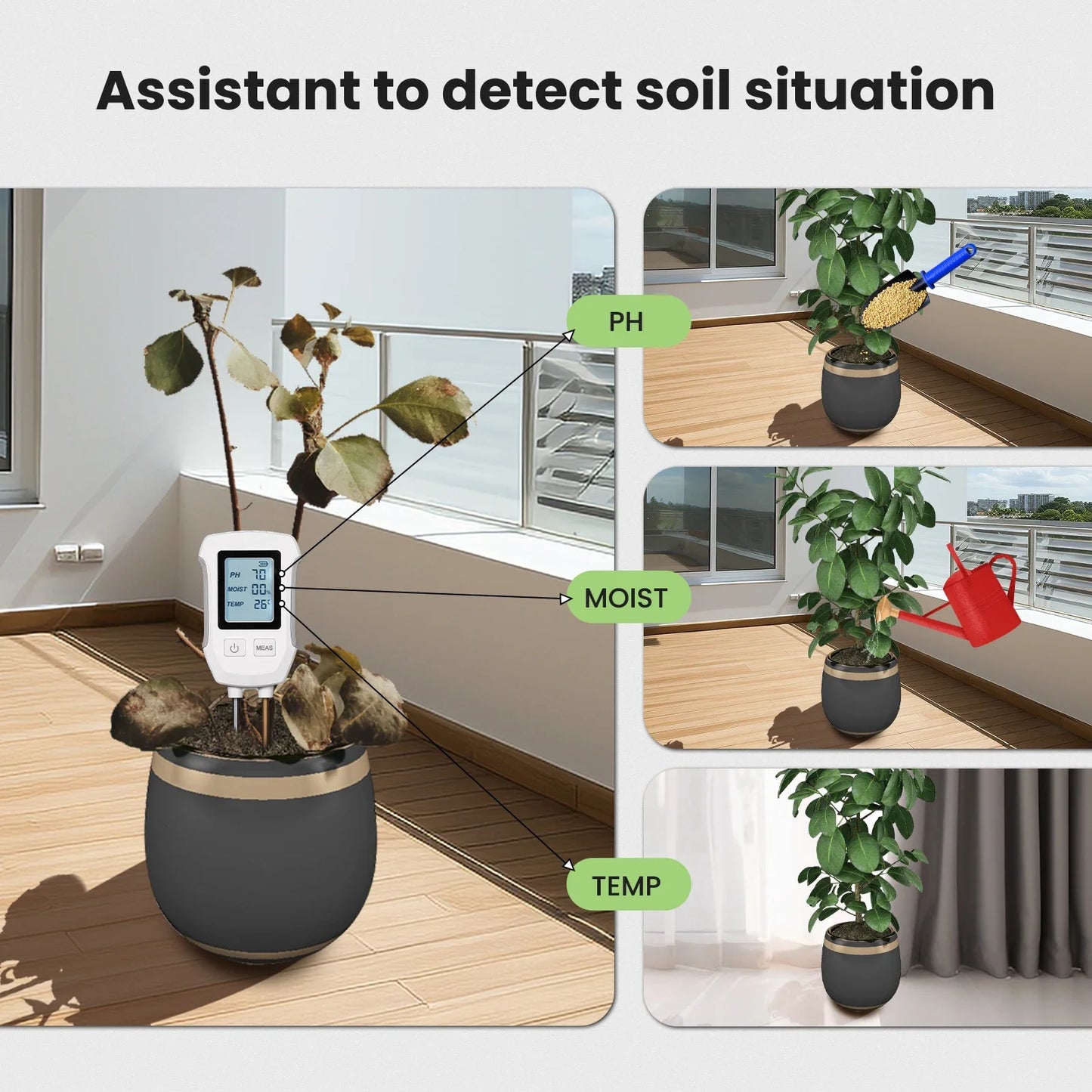 MOES 3 in 1 Soil PH Detector Tester LCD Screen Thermometer Temperature Moisture Meter For Gardening Flower Potted Plantation