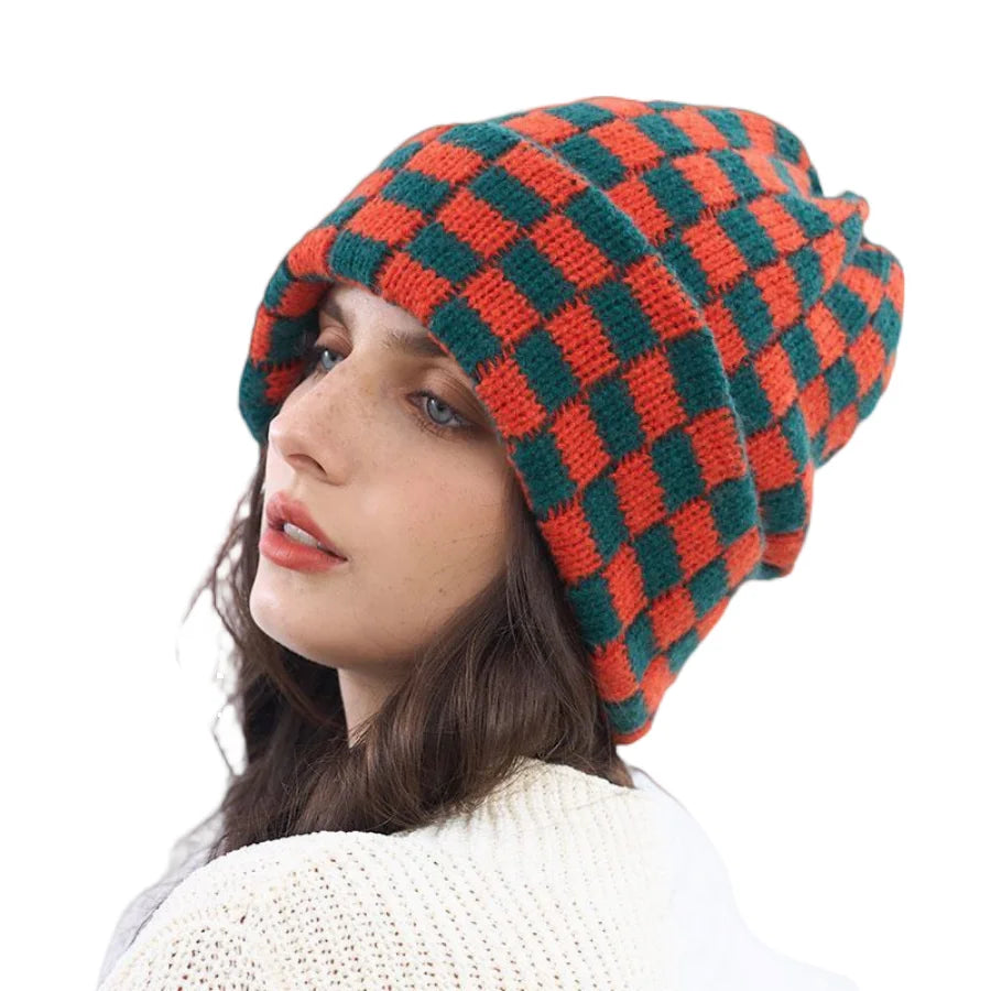 Luxury Brand Chessboard Plaid Knitted Hat Women Winter New Big Size Hat Warm Beanies Skullies Green Red Xmas Christmas Hat