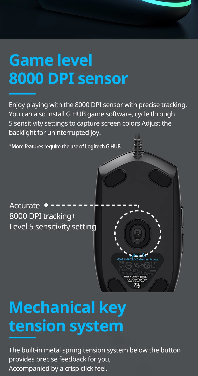 Logitech G102 Mouse Original Ergonomic Mouse Optical 8000DPI 16.8M Color LED Customizing 6 Buttons Wired Pc Gaming Accessories