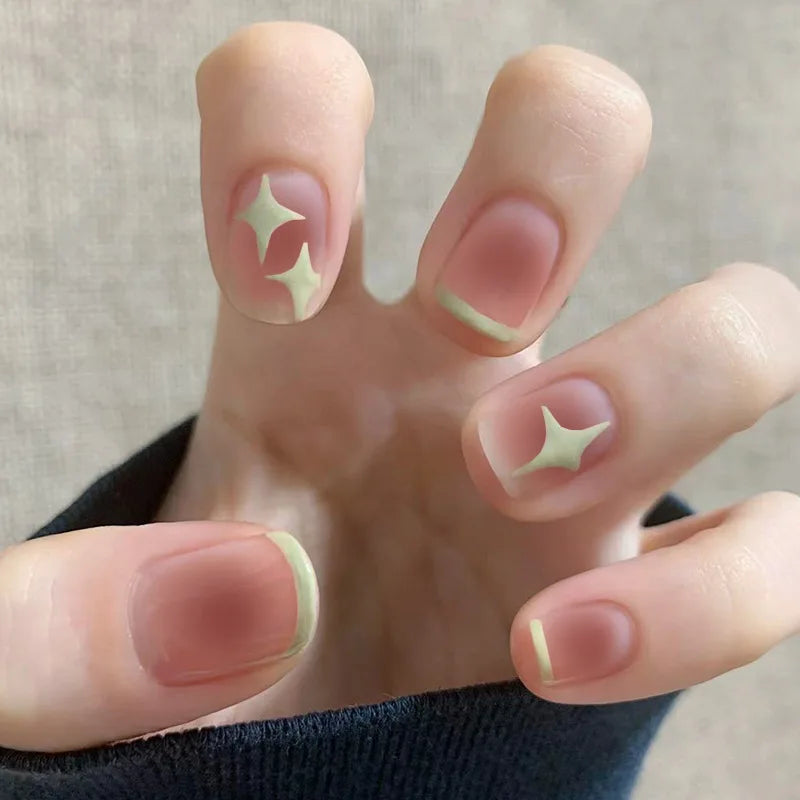 24Pcs/Box Short Square Head Wearing False Nails Art Clouds Stars Pattern Fake Nails Full Cover Press on Nail Tips Manicure Tools