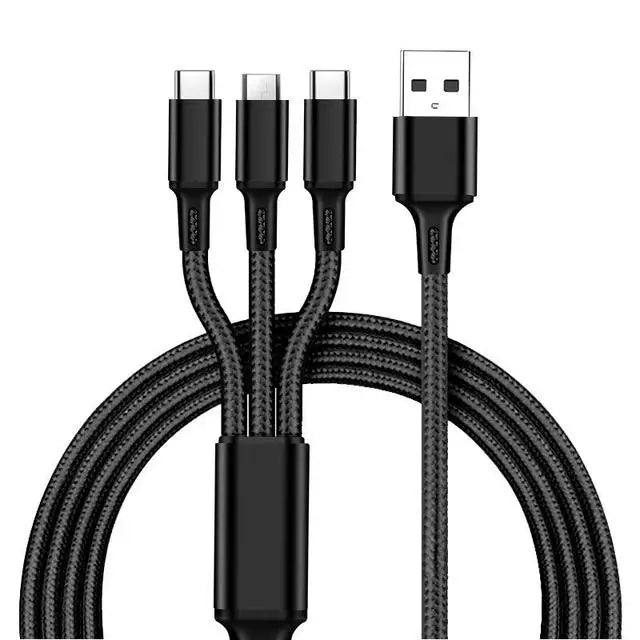 2.4A Braided One Drag Three USB-A For Apple Android Type-c/USB-C Fast Charging Cable 1.2m  3in1 Black Silver Red Blue Golden