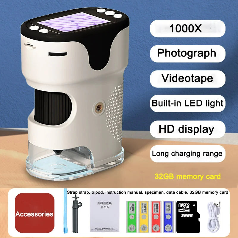 Handheld Digital Microscope For Kids With 2Inch HD Screen Videotape 200-1000X Pocket Microscope Educational Gift For Children