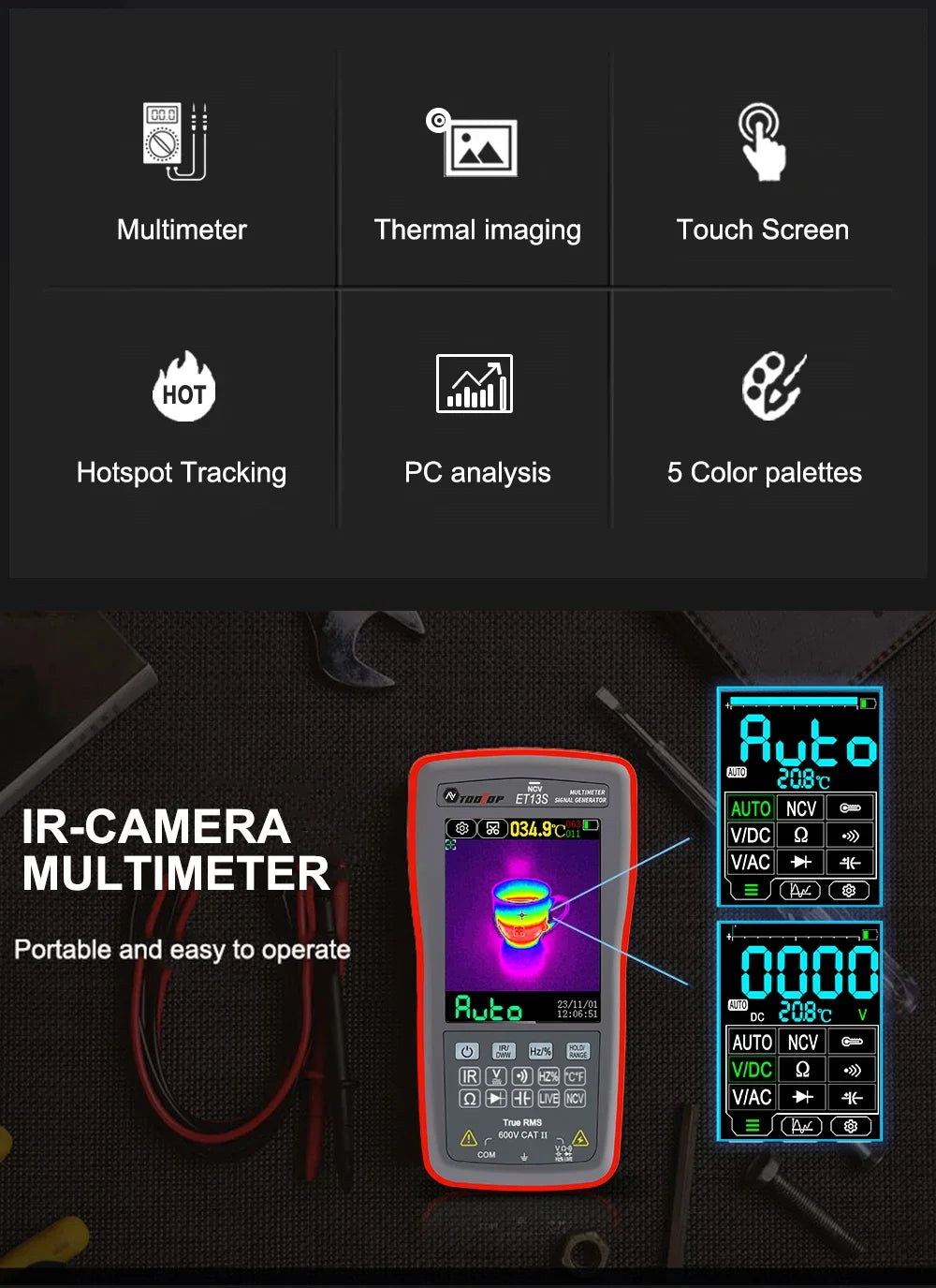 TOOLTOP ET13S Thermal Camera 192*192 Optional Macro Lens Thermal Camera Multimeter 9999 Counts Voltage Duty Cycle Diode Ohm Test