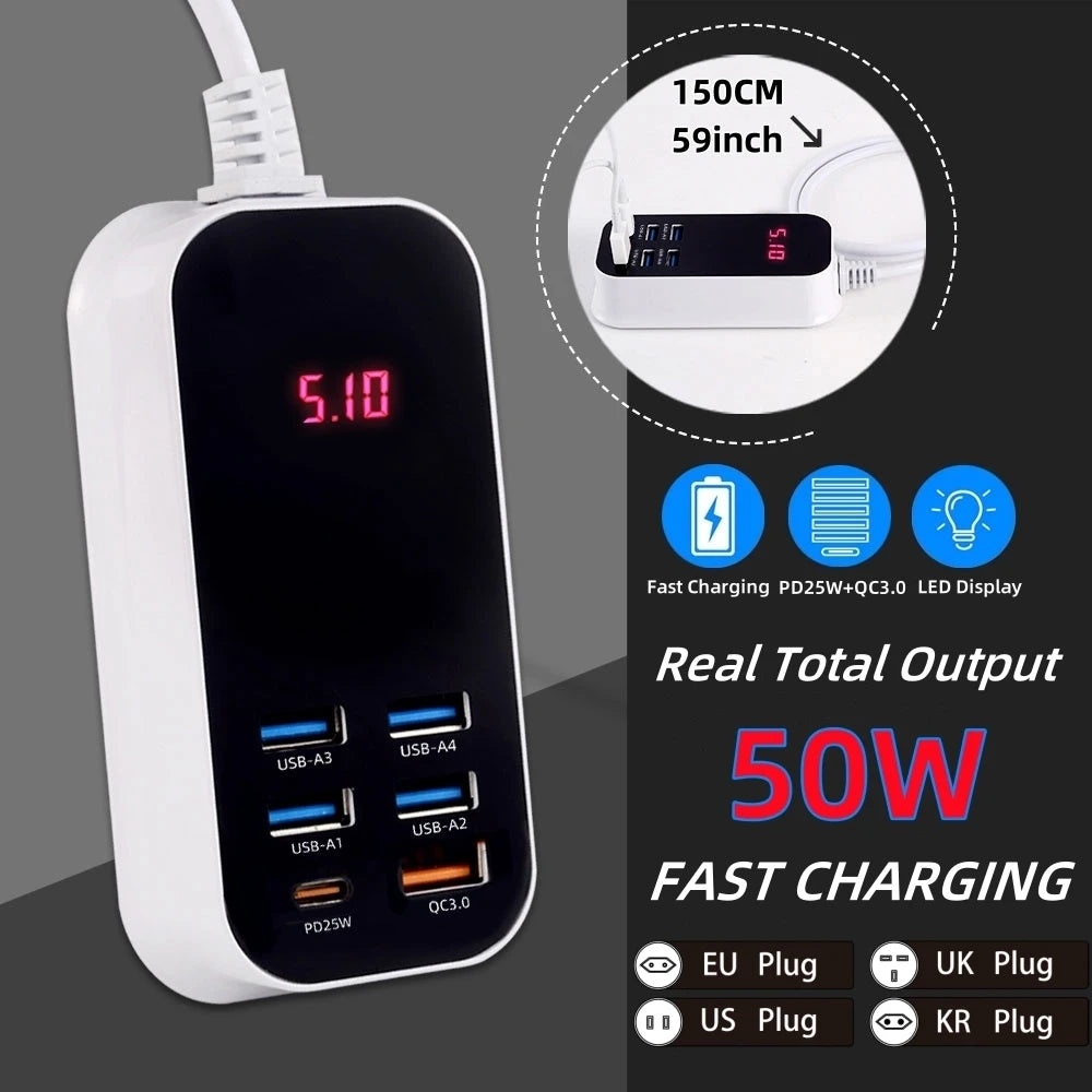 Real 50W 6-Ports USB Quick Charger PD QC 3.0 Fast Charging Display Type-C EU UK US 1.5M Desktop Power Adapter For Iphone Samsung