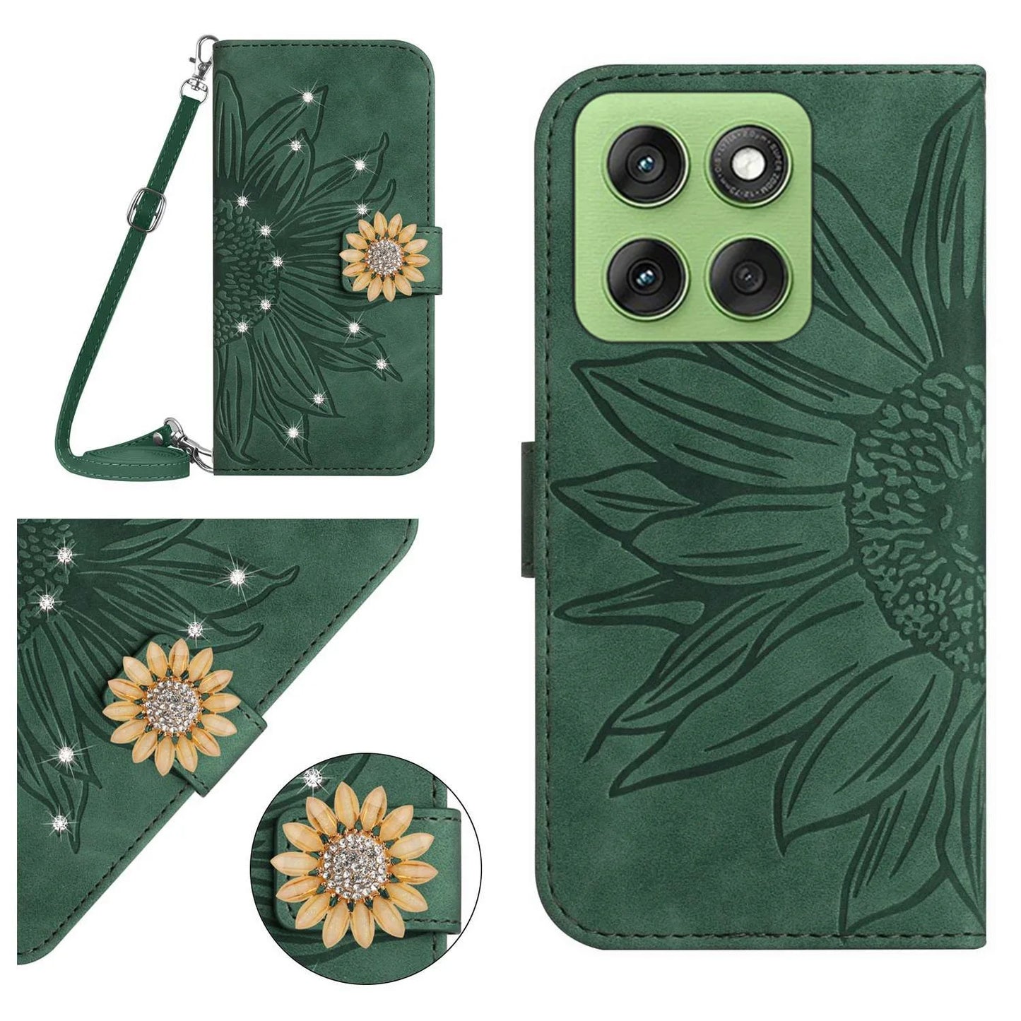 Sunflower Crossbody Wallet Book Case For VIVO V60 V50 V40 V27 V25 V23 V21 V20 T2 T1 Leather Lanyard 3 Cards Anti Drop Flip Cover