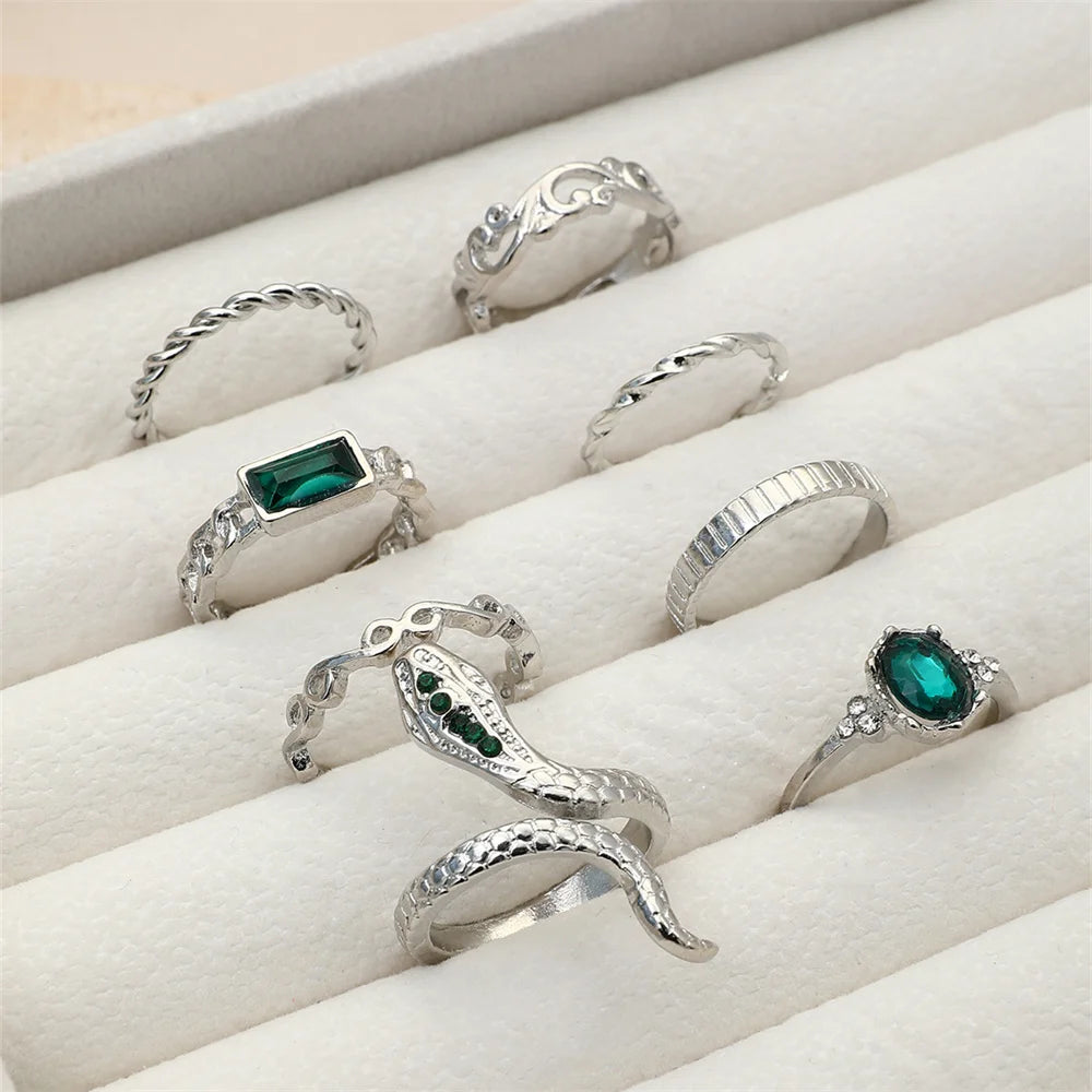8Pcs/Set Ins Style Vintage Faux Gemstone Snake Twist Ring For Women Retro Ocean Wave Geometric Setting Rhinestone Ring Set