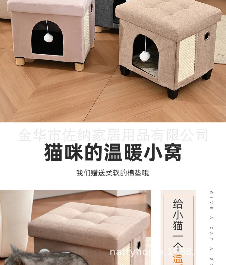 Multi Functional Cat Bed with Wooden Legs Foldable Pet Stool for Sitting