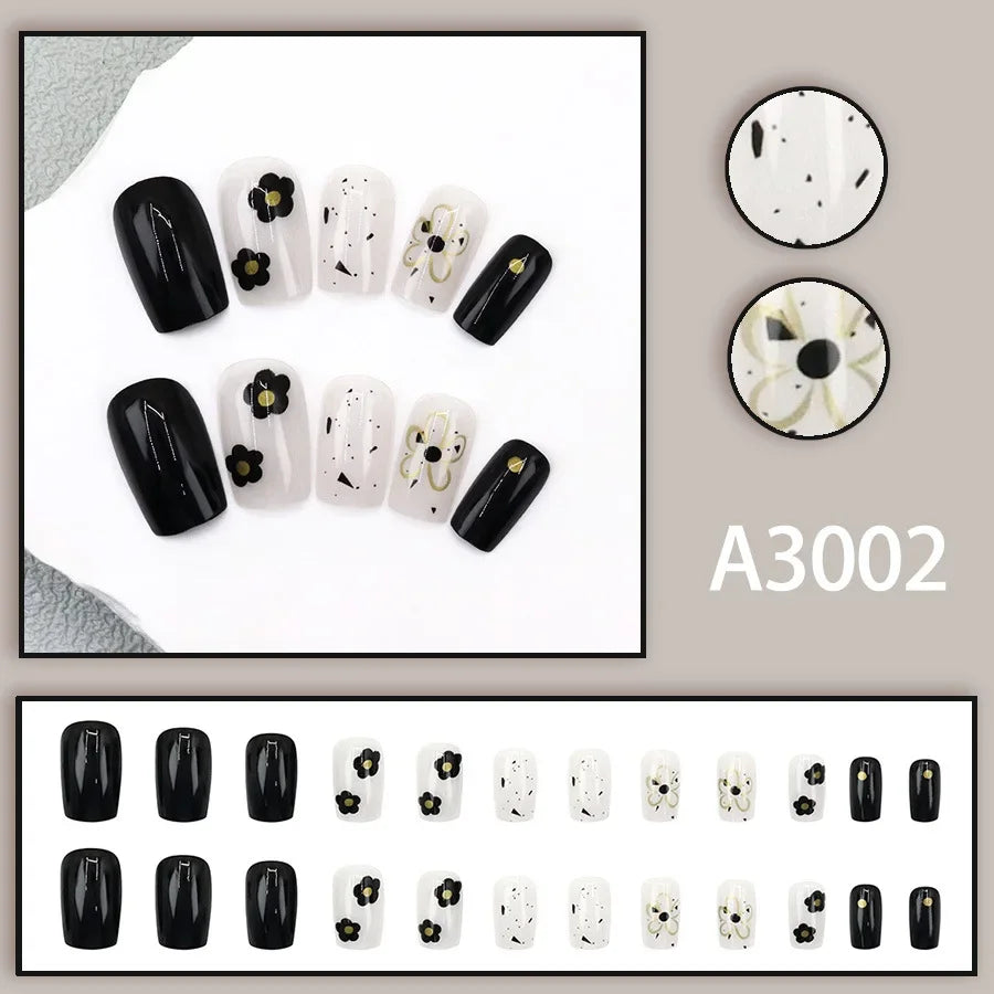 Watercolor Rose Fake Nail with Jelly sticker Press on False Nails Wearable Round Head Oval Full Cover Nail Tips