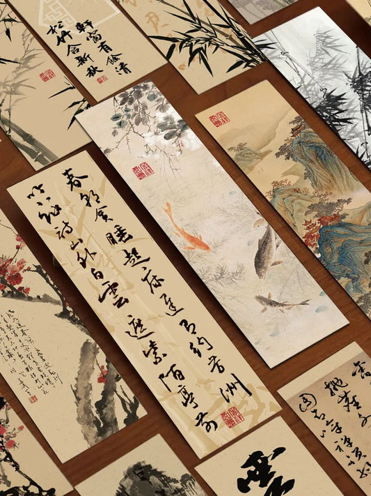 30pcs Chinese calligraphy and painting bookmarks Classical ink painting poetry decoration Reading pages Book marking page folder