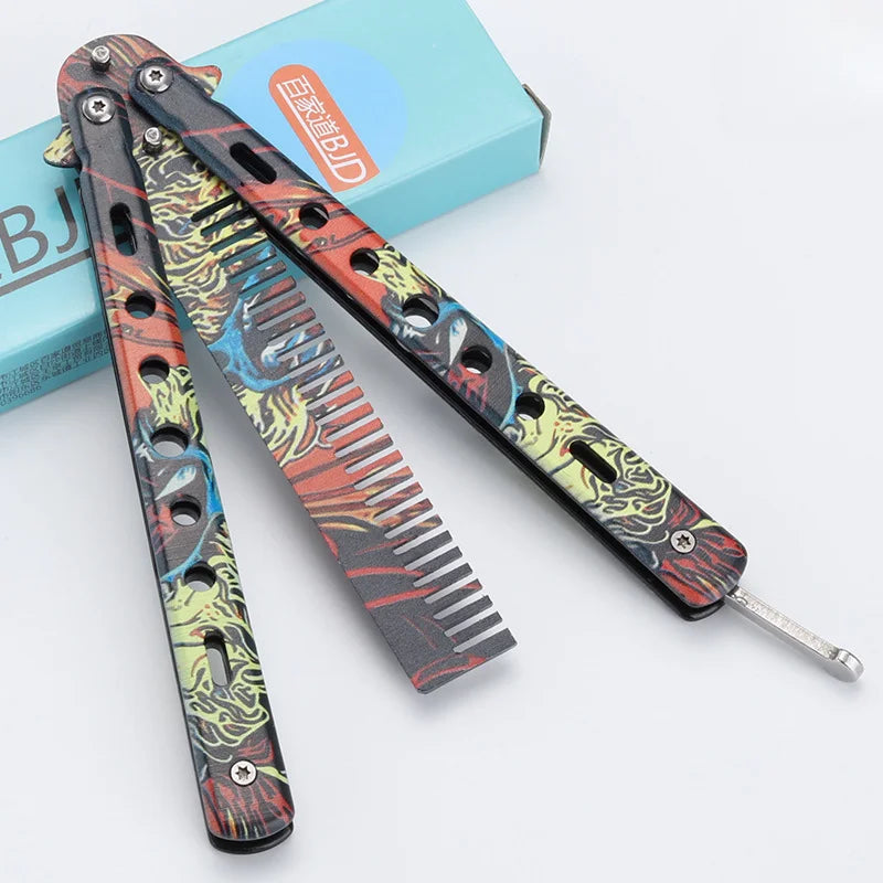 Foldable Comb Stainless Steel Practice Training Butterfly Knife Comb Beard Moustache Brushe Salon Hairdressing Styling Tool