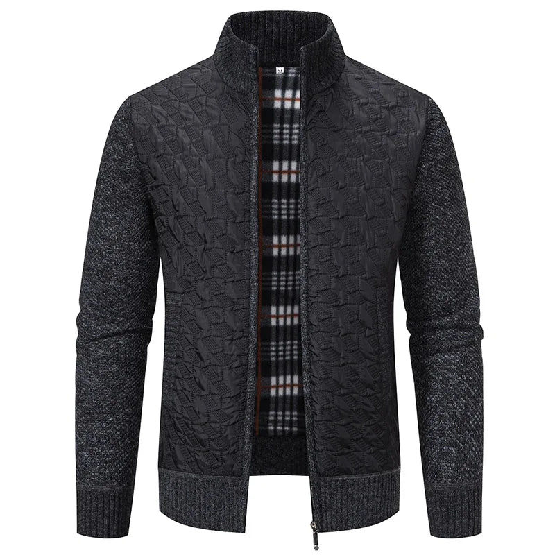 Mens Sweaters Jacket Full Zip Fleeced Sweater Cardigan Plaid Stand Collar Sweaters Coat Autumn Winter Homme Clothes