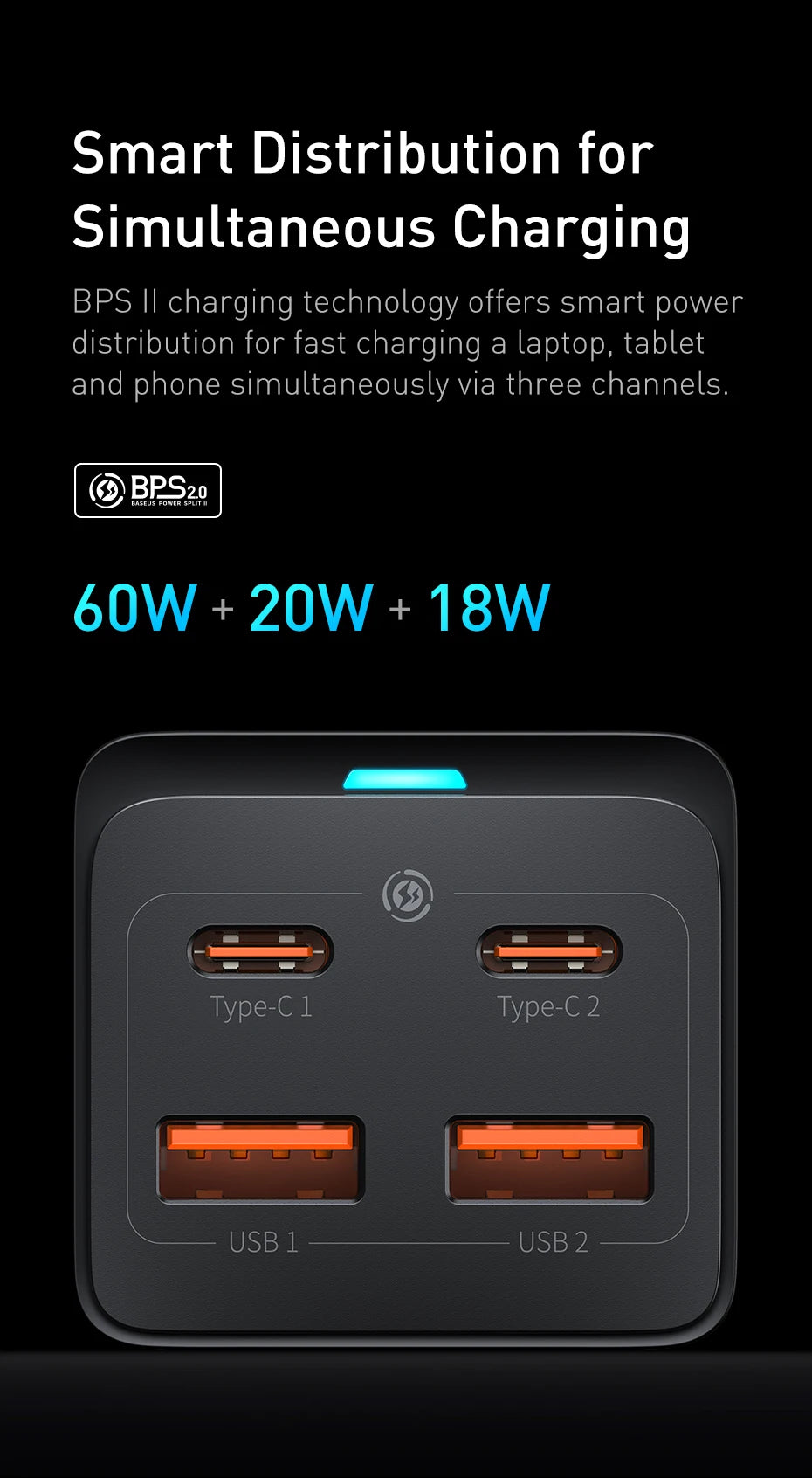 Baseus GaN3 100/ 65W Desktop Charger Quick Charge QC 3.04.0 USB C Type C Phone Charger For iPhone15 Huawei Xiaomi MacBook Laptop