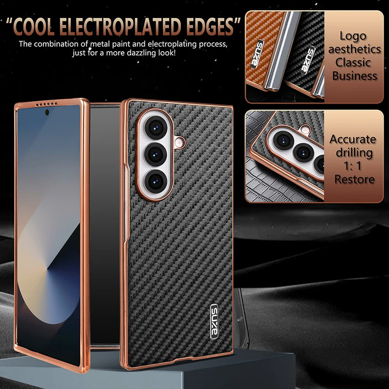 AZNS Luxury Plating Carbon Fiber Pattern Case for Galaxy Z Fold 7 Fold 6 Fold 5 Fold 4 Z Fold 3 Electroplated Protective Cover