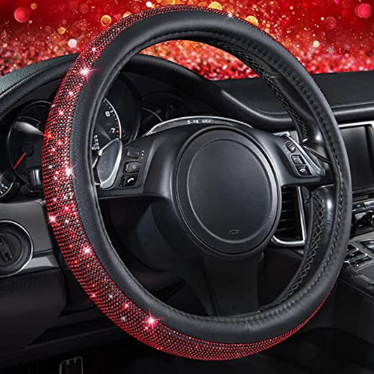 38cm CAR PASS Red Diamond Black Leather Steering Wheel Cover With Bling Crystal Rhinestones Universal