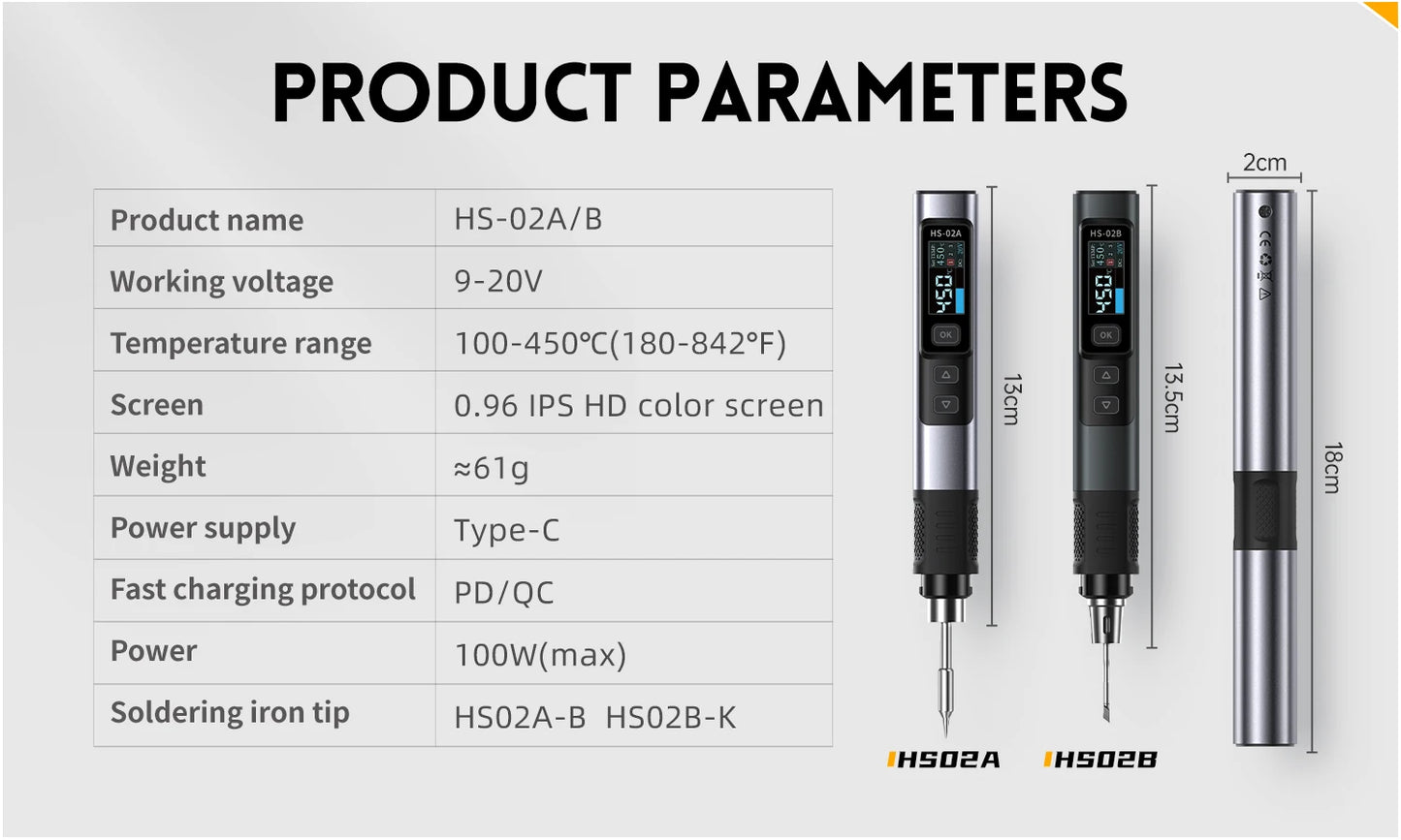 FNIRSI HS-02 Adjustable Temperature Soldering Iron DC 24V 100-450℃ Welding Solder Rework Station PD 100W Portable Repair Tool
