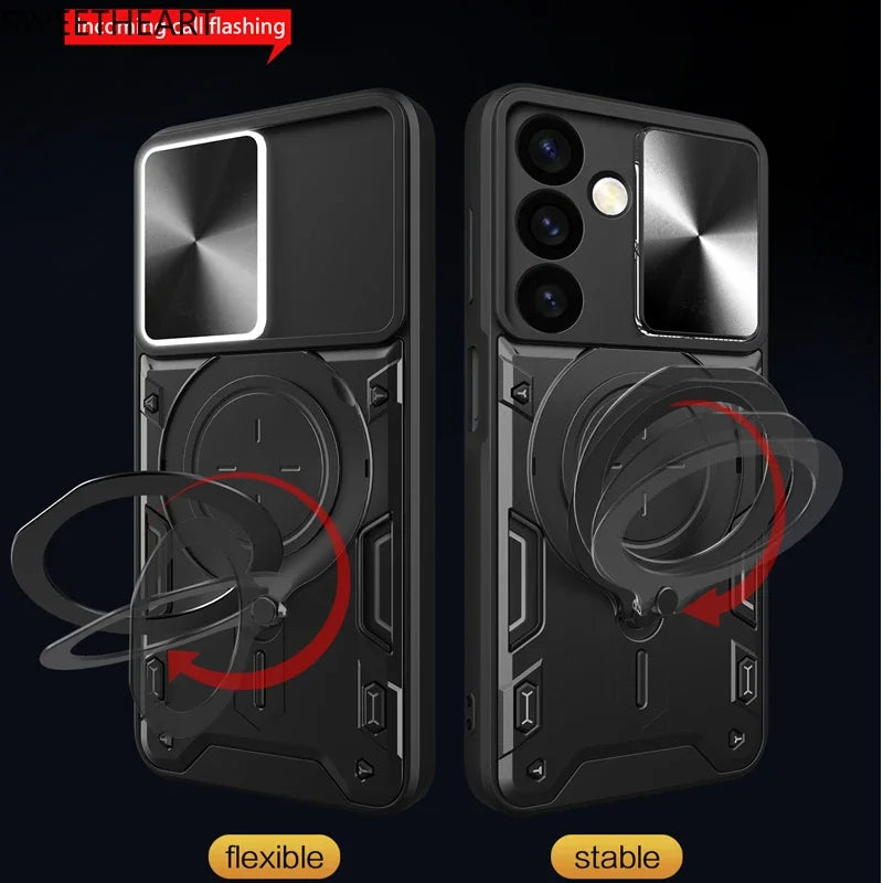 Magnetic Adsorption Armor Metal Ring Case For Samsung Galaxy S25 24 23 22 21 20 Ultra S24 S23 Plus S24FE Incoming Call Flashing