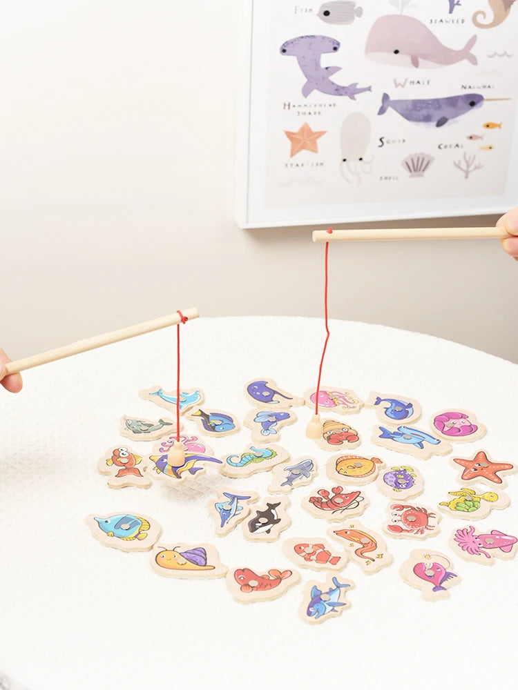 Fishing Toys Montessori Wooden For Children Magnetic Marine Life Cognition Fish Games Parent-Child Interactive Educational Toy
