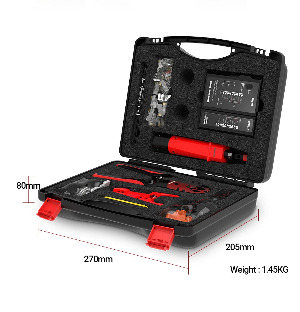 AMPCOM RJ45 Crimper Lan Tester Tool Set Ethernet Cable Stripper Punch Down Tool RJ 45 RJ11 Connectors 12 in 1 Cabling Repair Set