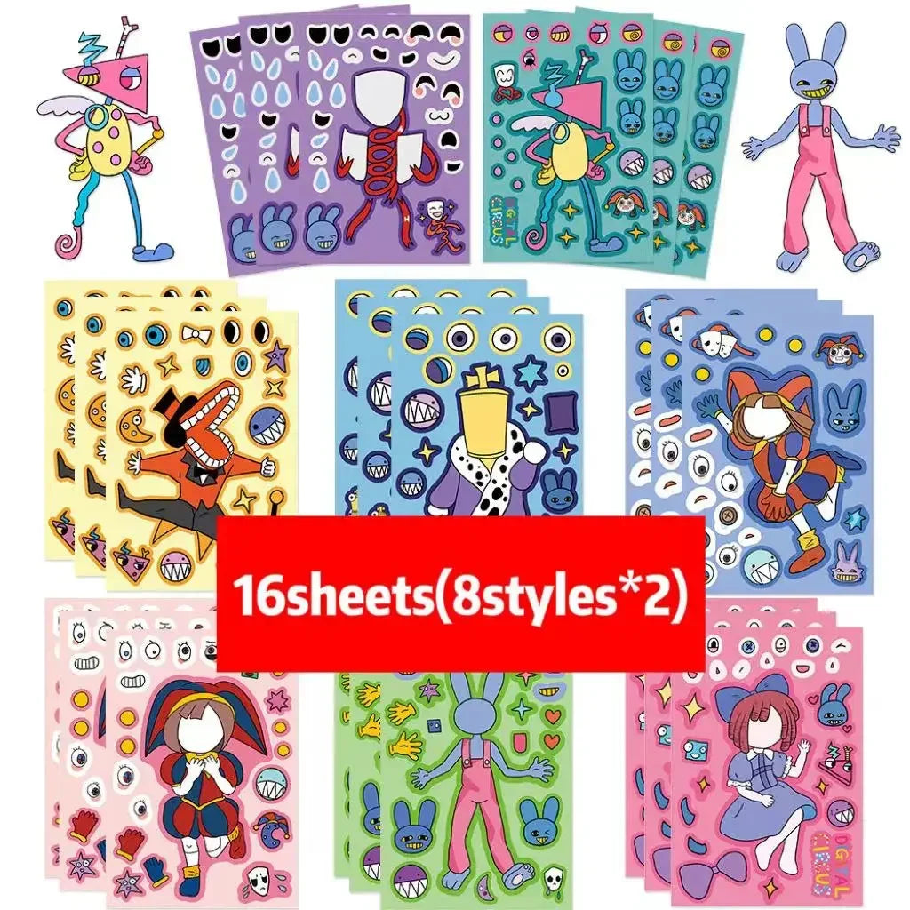 8/16Sheets Disney Micke Puzzle Stickers  Children DIY Make-a-Face Funny Assemble Jigsaw Cartoon Sticker Kids Educational Toys