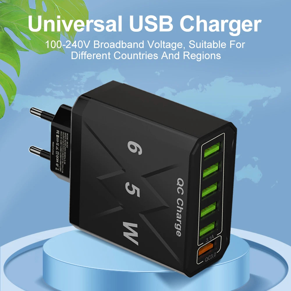 6 Ports USB Charger 65W Fast Charging QC3.0 Travel Charger For iPhone 15 14 Samsung Xiaomi Mobile Phone Adapter EU KR US UK Plug