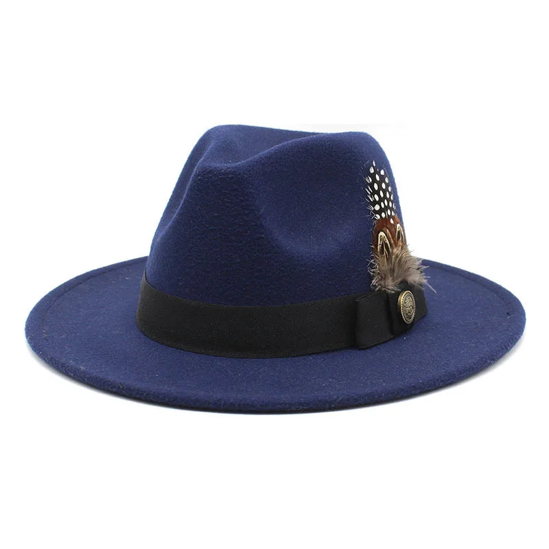White Woolen Gentleman Classic British Jazz Feather Top Hat Wide Brim Party Church Wedding Fedora Hats Men Women Panama Felt Cap