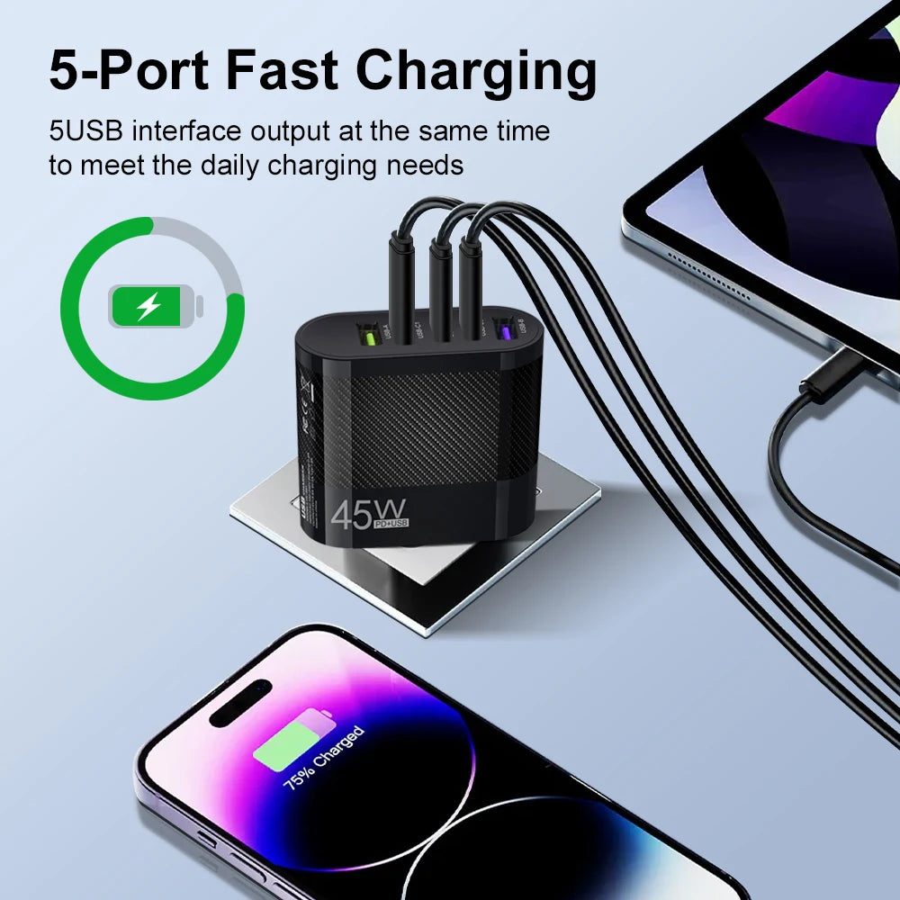 45W 5Ports USB Charger PD Charging Adapter For Xiaomi iPhone 15 14 13 Samsung Mobile Phone Plug Quick Charge QC 3.0 Wall Charge