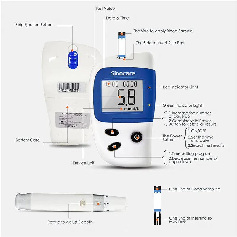 Sinocare Safe Accu2 Blood Glucose Meter Blood Sugar Test Kit Diabetes Home Glucometer with 50pcs Strips or only strips
