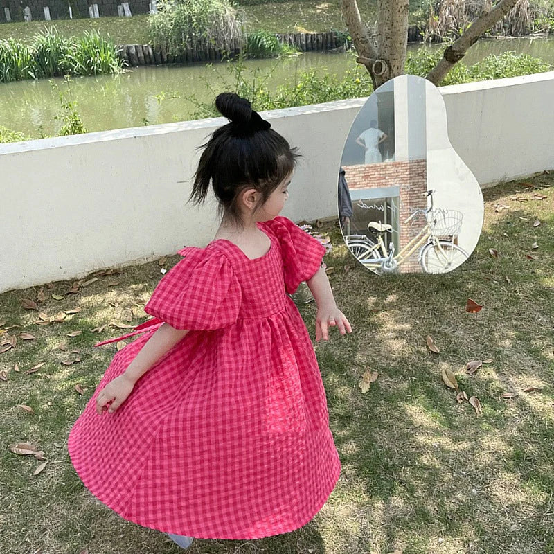 Girls Bubble Sleeve Dress Little Girl Summer Fashionable Bow Backless Dress Good-Looking Versatile Princess Skirt