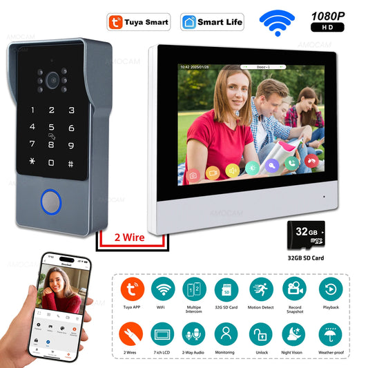 2 Wires Video Intercom System, 7“ Wireless WIFI Monitor 1080P Doorphone Camera Video Doorbell Code Password IC Card Tuya Unlock