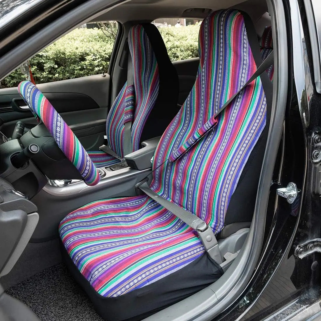 5mm Universal Size Flax Striped Car Seat Covers with Seat Belt Pads Steering Wheel Cover Full Set Fit For Most Car SUV Van Truck