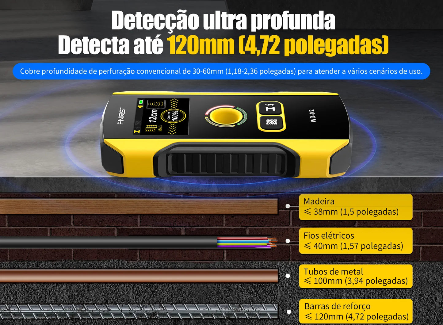 FNIRSI WD-02 Versão em português Detetor de parede Localizador de vigas Cabos CA com carga Vigas de metal Vigas de madeira