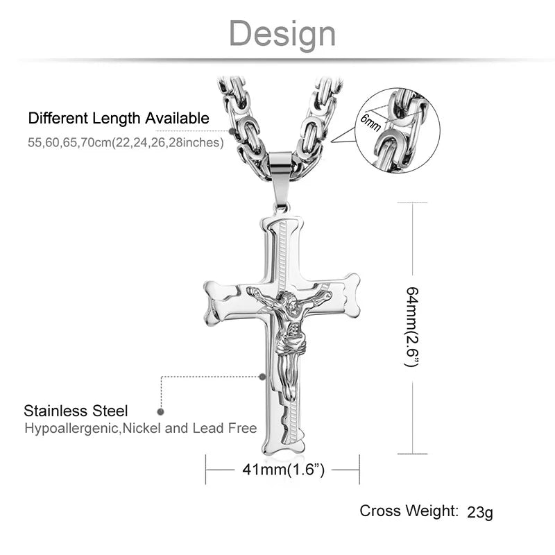 Stainless Steel Crucifix Jesus Byzantine Link Chain Necklace Fish Bone Pattern Cross Pendant Necklace Catholic Jewelry Men Gift