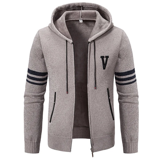 Men's Hooded Cardigan Jackets Fashion Knitted Sweaters Coat with Hood Casual Fleeced Coat Mens Knit Jacket Outwear