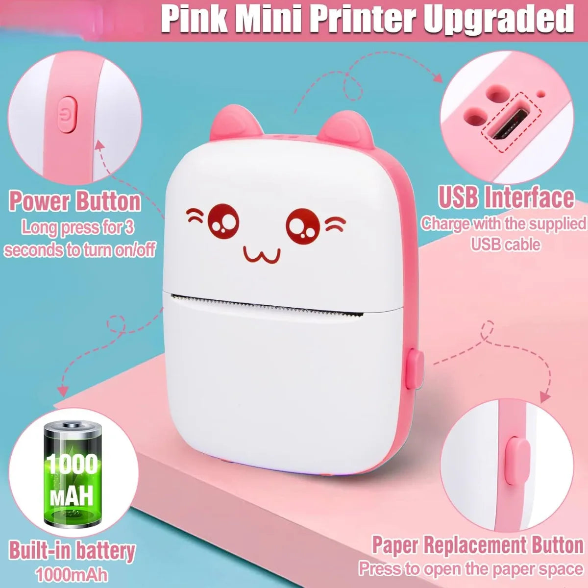 Portable Mini Printer Pocket Mini Thermal Printer with 6 Roll Printing Paper Compatible with iOS Android Inkless Photo Printer