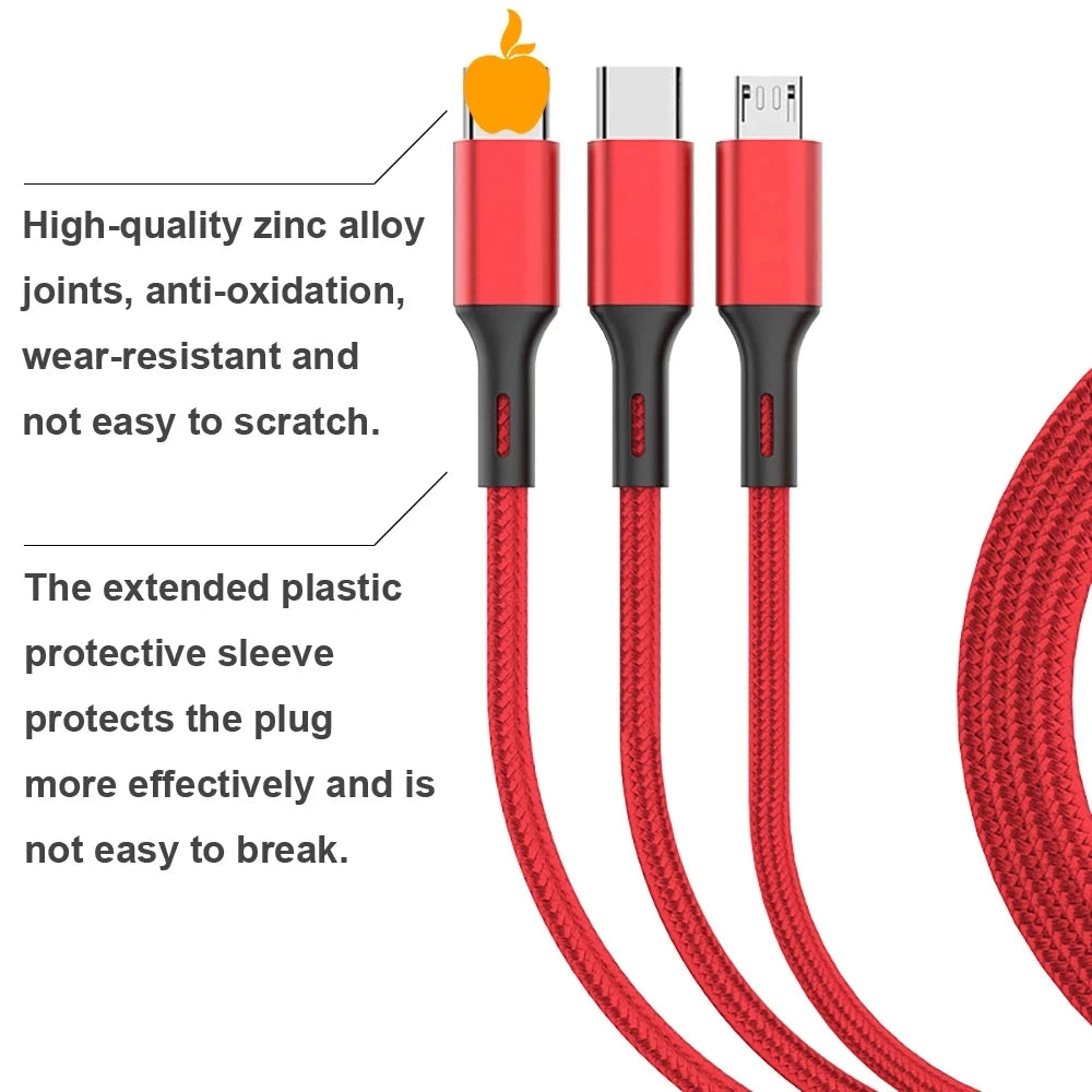 2.4A Braided One Drag Three USB-A For Apple Android Type-c/USB-C Fast Charging Cable 1.2m  3in1 Black Silver Red Blue Golden