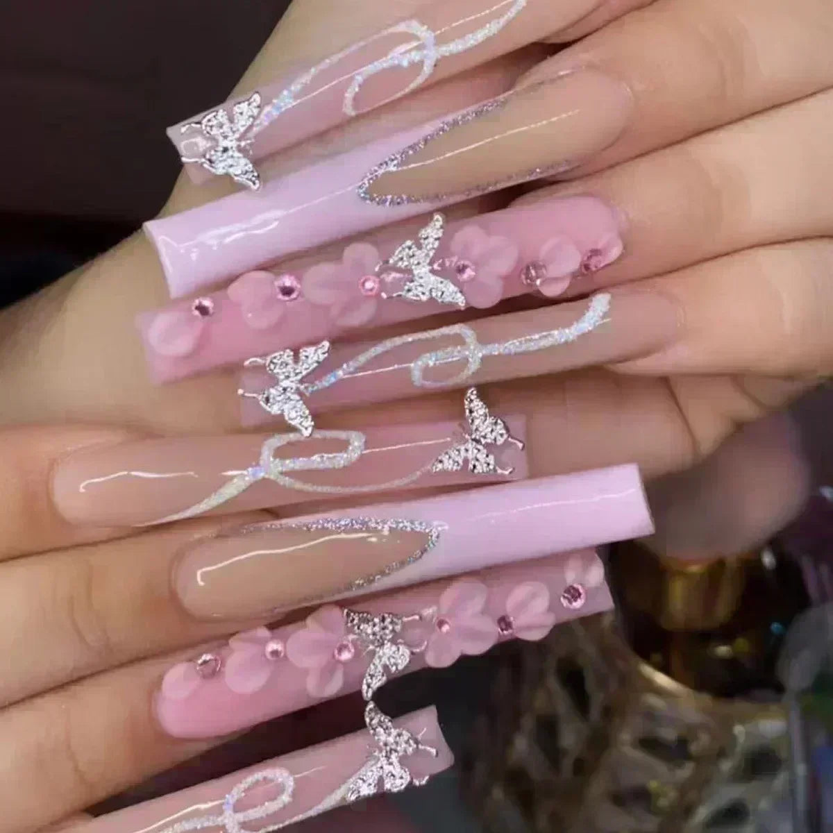 24Pcs Full Cover False Nails with Glue Long Square Coffin Fake Nails French Detachable Ballet Love Pattern Design Press on Nails